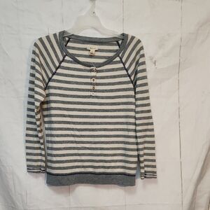 Madewell Striped Gray and Cream Long Sleeve Henley Button Front Top